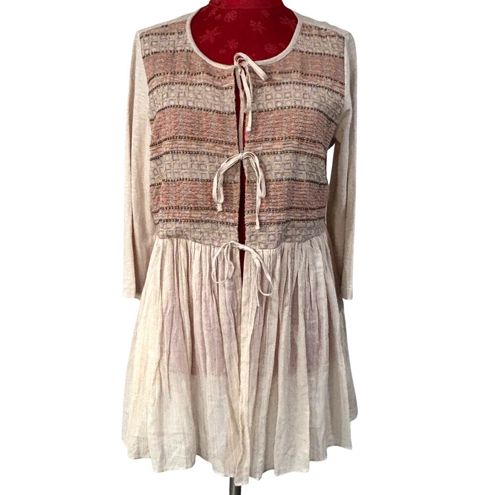 LOGO Lavish Cream tie front top 3/4 sleeve brocade bead embellished Boho size S